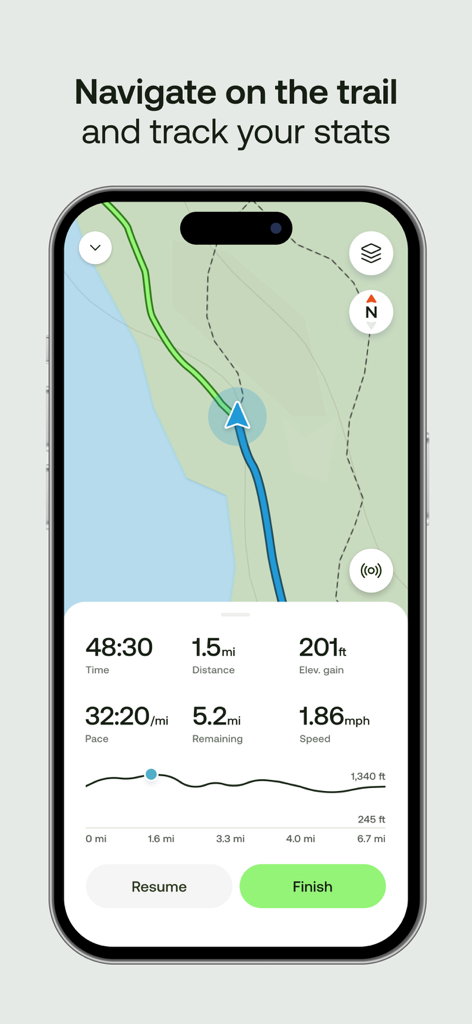 AllTrails app interface showing trail navigation and activity statistics like time and distance.