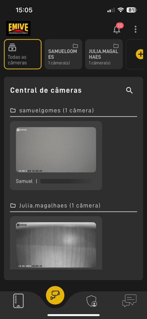 Emive SuperApp - Interface do Emive SuperApp mostrando feeds remotos de câmeras de segurança para monitoramento de propriedades.