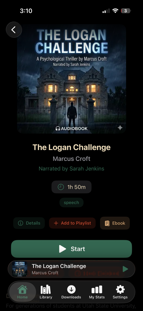 Audra Books - Audra Books app interface showing the details and start button for an audiobook titled The Logan Challenge