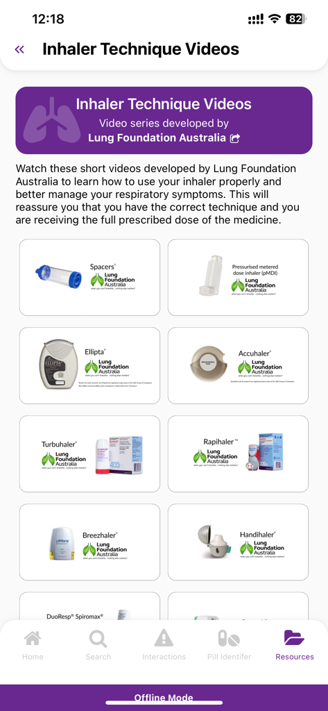 A library of inhaler technique instructional videos for different medical devices provided by Lung Foundation Australia in the eMIMS Elite app.
