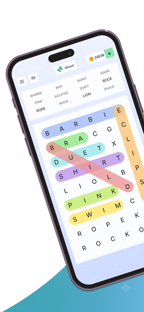 Word Search Colorful - A smartphone screen displaying a colorful word search puzzle with various highlighted words and a clean user interface.