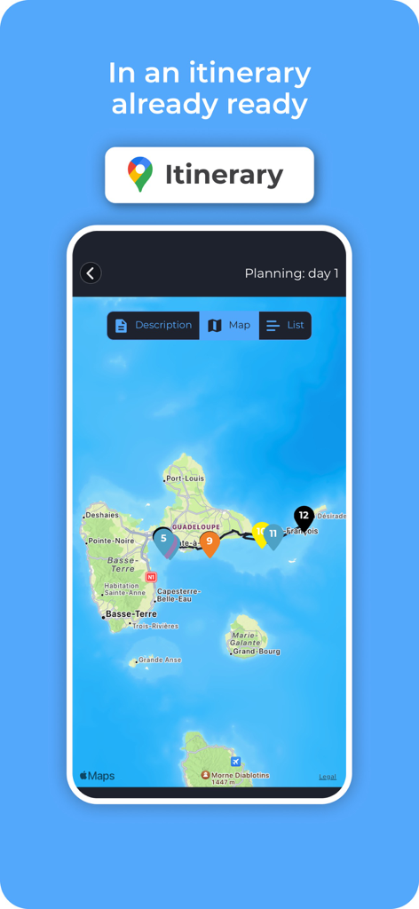 Henri Trip - Guide interactif - Application Henri Trip montrant un itinéraire de voyage prêt à l'emploi sur une carte de la Guadeloupe