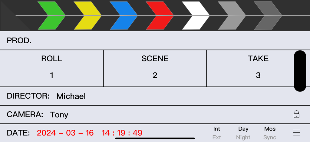 Digital film slate interface showing roll scene and take fields