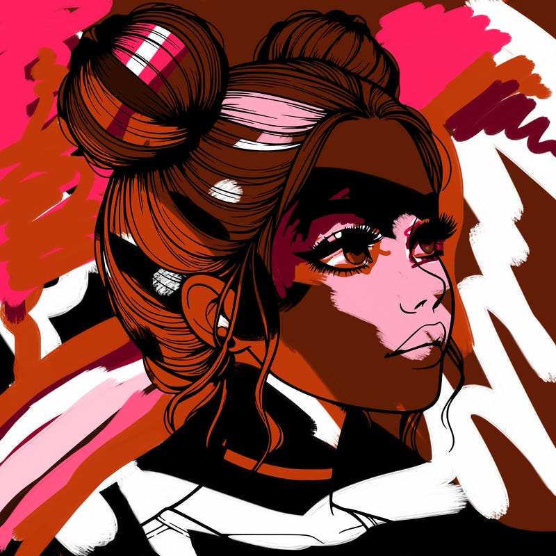 realistic girl with buns on the top of her head