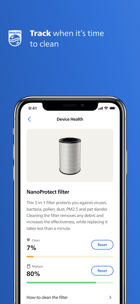 Smartphone-Bildschirm der Philips Air plus App, der den Gesundheits- und Wartungsstatus des NanoProtect-Filters anzeigt