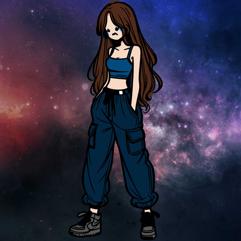 girl in baggy pants crop top and long hair