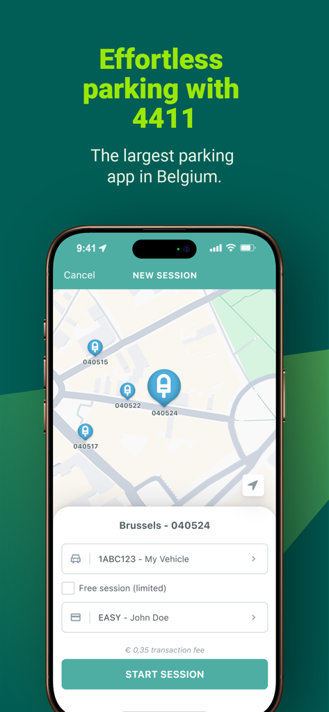 Un smartphone mostrando el mapa de la aplicación 4411 para iniciar una nueva sesión de estacionamiento en Bruselas