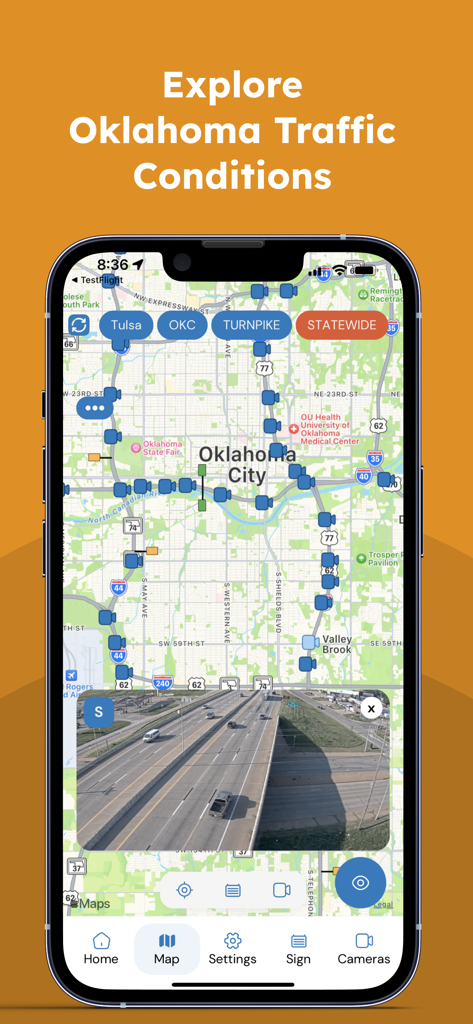 Drive Oklahoma - Interfaz de la aplicación móvil Drive Oklahoma mostrando un mapa de tráfico de Oklahoma City con múltiples iconos de cámaras en vivo y una vista previa de una transmisión de cámara de autopista.