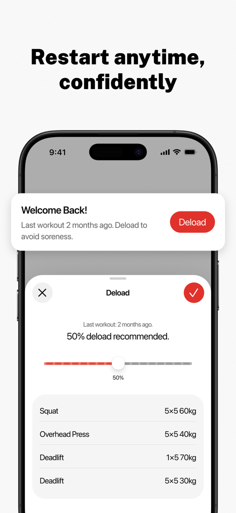 Pantalla de la aplicación Stronglifts que muestra una descarga de entrenamiento recomendada para un usuario que regresa después de un descanso de dos meses