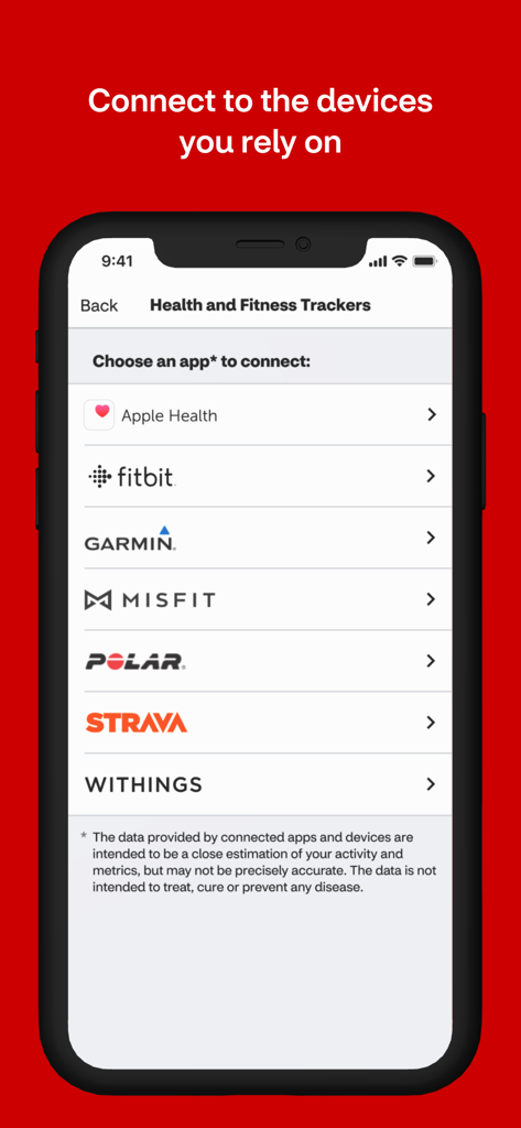 Health Optimizer app interface for connecting health and fitness trackers like Apple Health and Fitbit