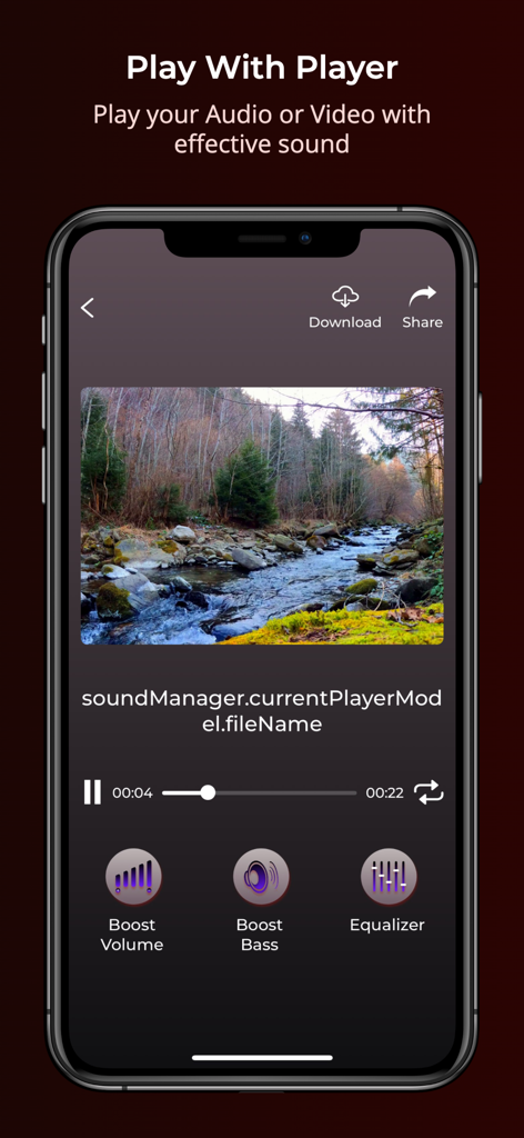 AV Box: Volume Booster and EQ - AV Box app media player interface with volume boost bass boost and equalizer controls