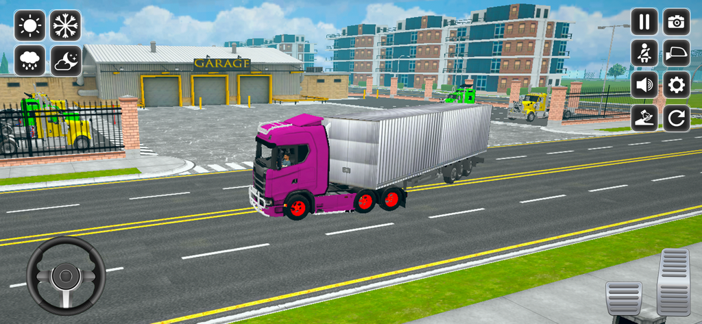 Truck Cargo Driving Simulator - A purple semi truck with a silver cargo trailer driving on a city road in a 3D driving simulator