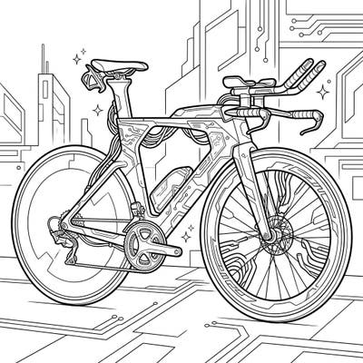 Rev up your creativity with this incredible cyberpunk triathlon bike coloring page. Explore a detailed design blending high-performance cycling with a futuristic, wired aesthetic.