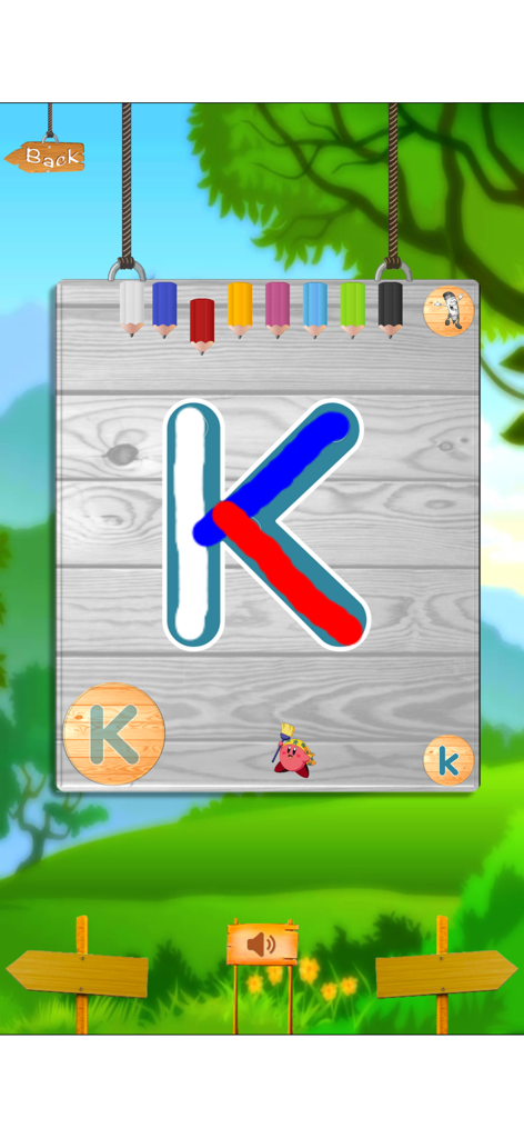 Child tracing the uppercase letter K with colorful pencils on a wooden board interface