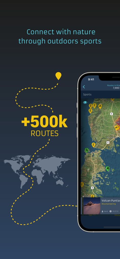 SUDA Outdoors - Adventure GPS - Interface do aplicativo SUDA Outdoors exibindo um mapa de satélite com pinos de atividade e mais de 500.000 rotas ao ar livre