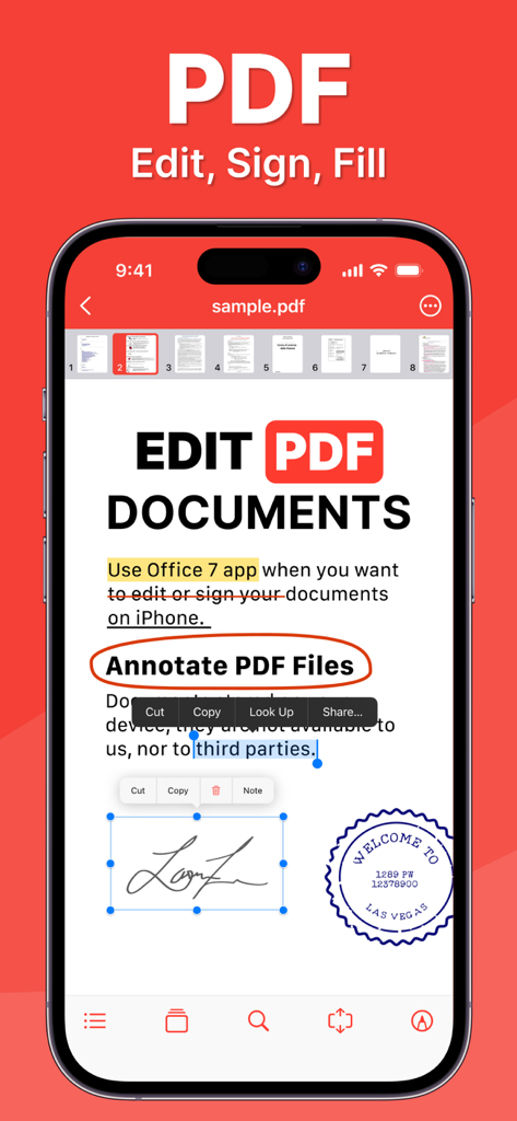 Interfaz de la aplicación Office 7 mostrando funciones de edición de PDF, incluida la firma digital y el resaltado de texto en un iPhone