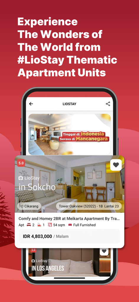 Travelio app interface showcasing thematic furnished apartment rentals for digital nomads