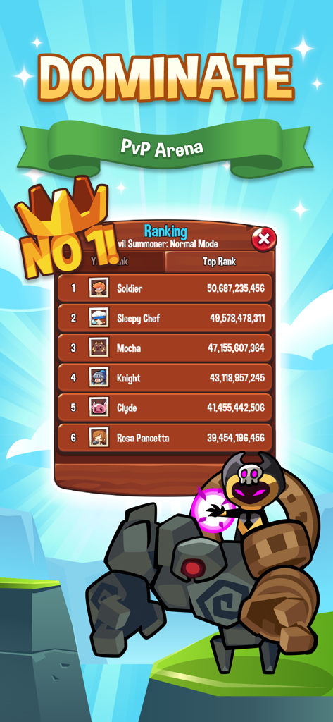 Summoner's Greed: Idle TD Hero - Tabla de clasificación de la Arena PvP de Summoner's Greed mostrando a los invocadores malvados mejor clasificados y sus puntuaciones.