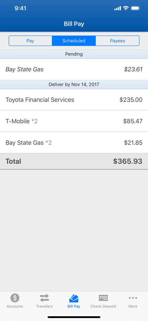 EECU mobile app bill pay screen showing a list of scheduled and pending bill payments including utilities and financial services