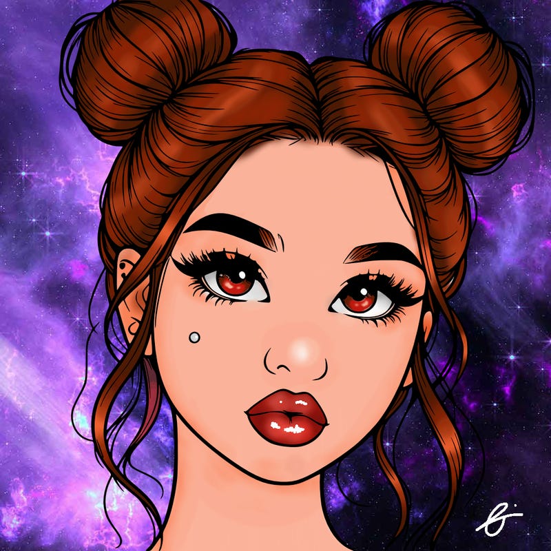 realistic girl with two buns on her hair and lips