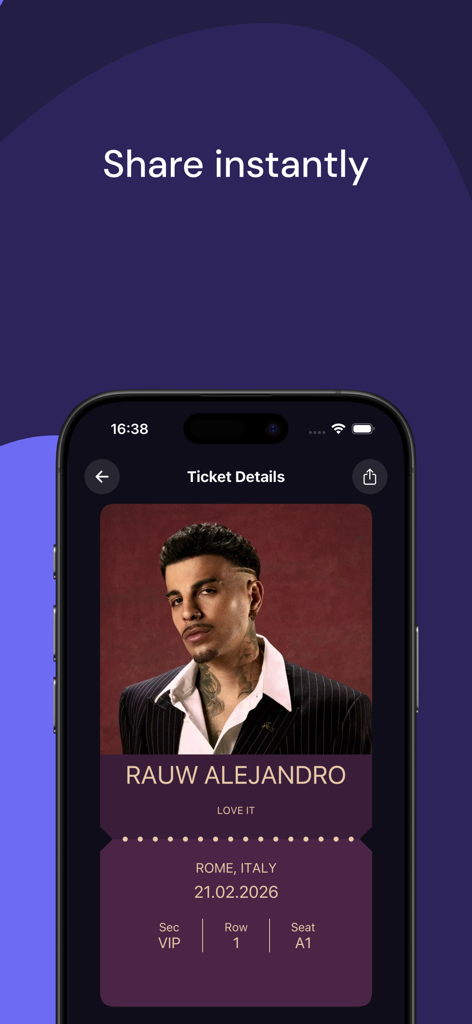 FunTicket - custom tickets - Mobile app screen showing a customized Rauw Alejandro concert ticket with a share option.
