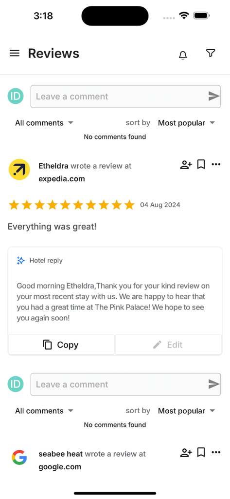 InnSpire.One - Interface do aplicativo InnSpire One mostrando avaliações de hóspedes de hotéis do Expedia e Google com uma resposta elaborada por IA