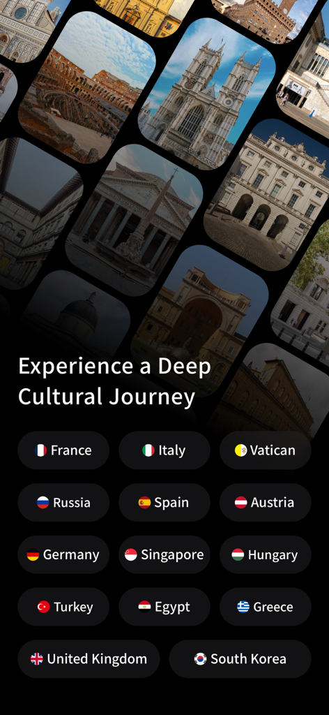 MTour-App-Oberfläche, die eine Collage globaler historischer Wahrzeichen und eine Liste unterstützter Länder für Museumstouren zeigt
