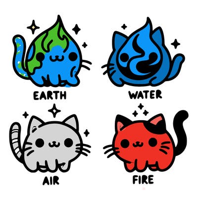 4 cats that represent the different elements, earth, water, air, and fire