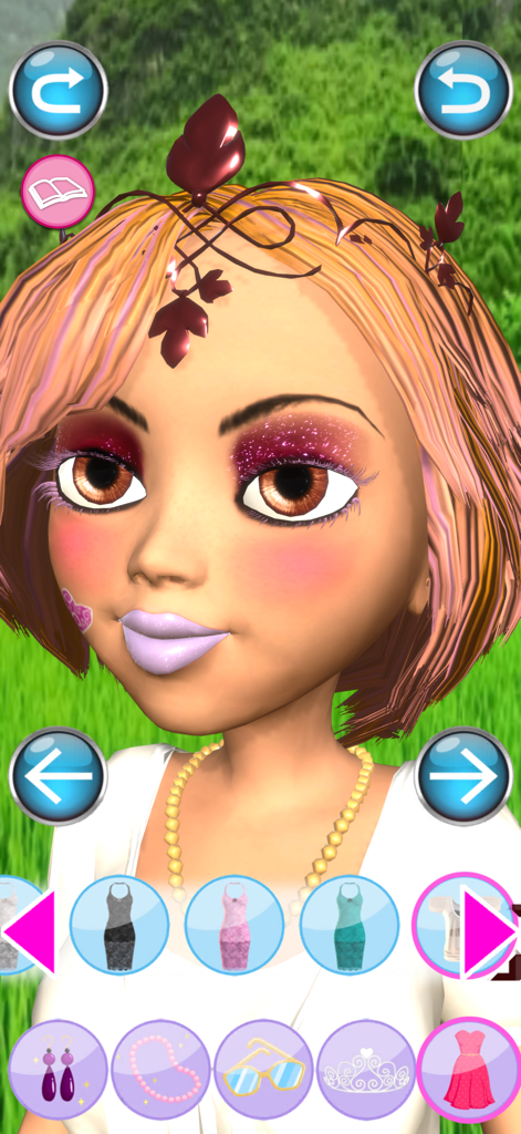 Personaje 3D de la Princesa Angela con opciones de maquillaje y disfraces