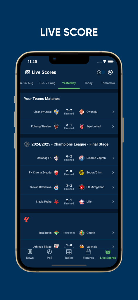 Tela do aplicativo móvel Fut360 mostrando placares ao vivo e resultados de jogos de ligas internacionais