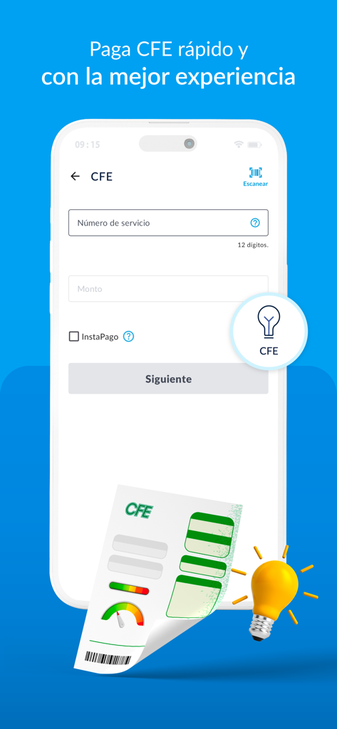 UnDosTres - Recargas y Pagos - メキシコのCFE電気料金をスキャン機能で支払うインターフェースを示すUnDosTresアプリのモバイル画面。