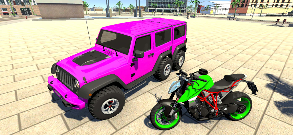 A pink customized SUV and a lime green sports motorcycle parked in a city square