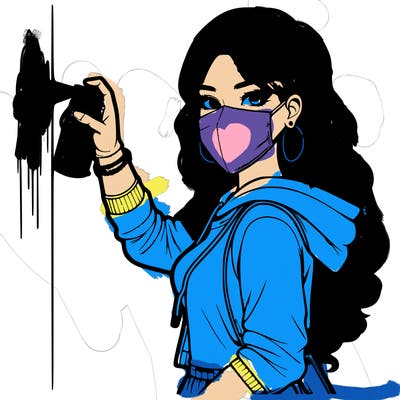 realistic girl with mask spray painting a wall