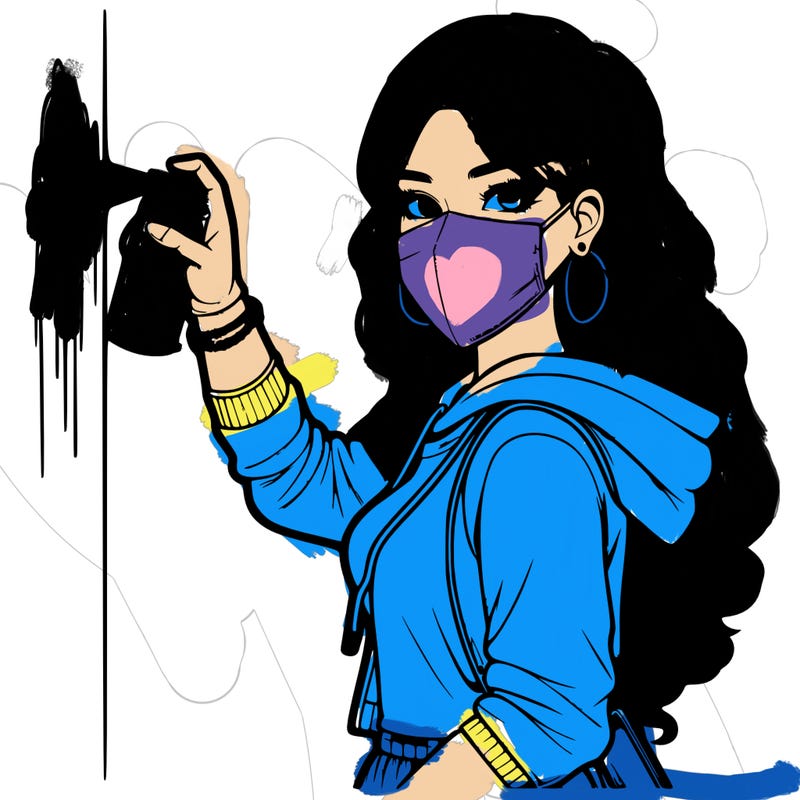 realistic girl with mask spray painting a wall