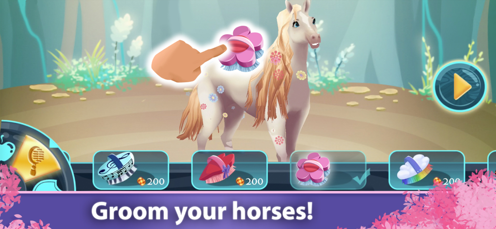 Horse Games EverRun - A hand using a pink flower brush to groom a magical white horse in Horse Games EverRun
