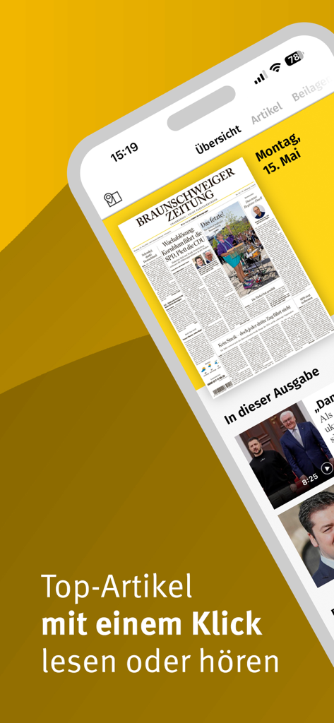 Mobile interface of the Braunschweiger Zeitung e-paper showing a digital newspaper layout and article headlines.