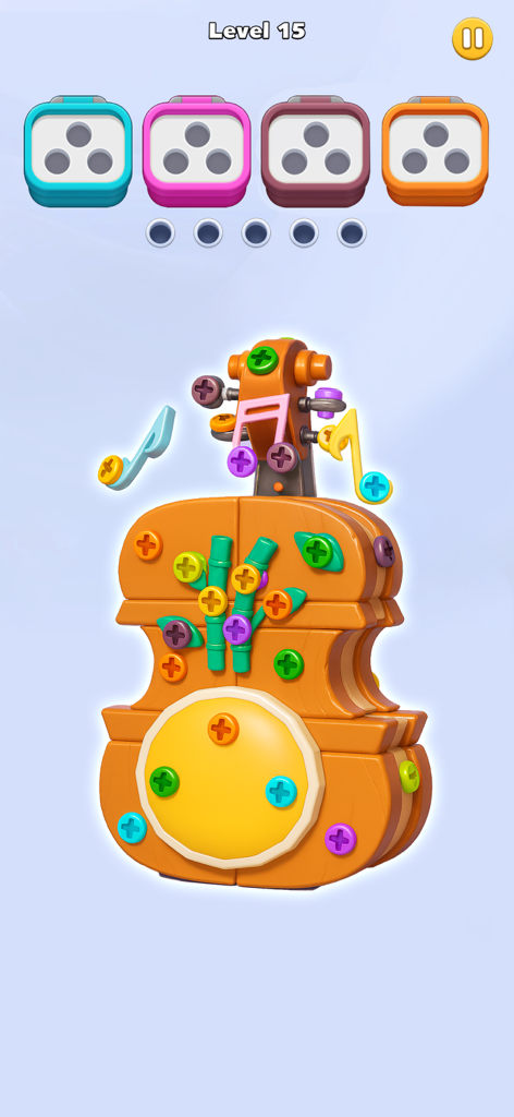 Bolts Off: Screw 3D Master - A 3D wooden violin puzzle with colorful screws in the game Bolts Off.