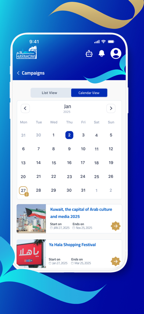 Hayakom - حياكم - Hayakom mobile app screen displaying a calendar of cultural and national events in Kuwait