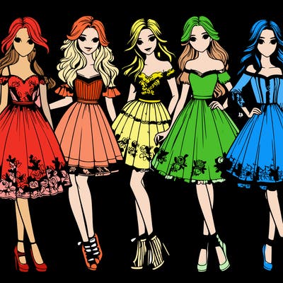 5 beautiful girls in dresses realistic