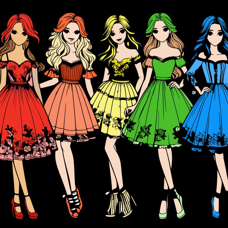 5 beautiful girls in dresses realistic