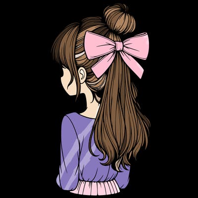 realistic girl  with hip length hair a bun and a big bow on the back of head