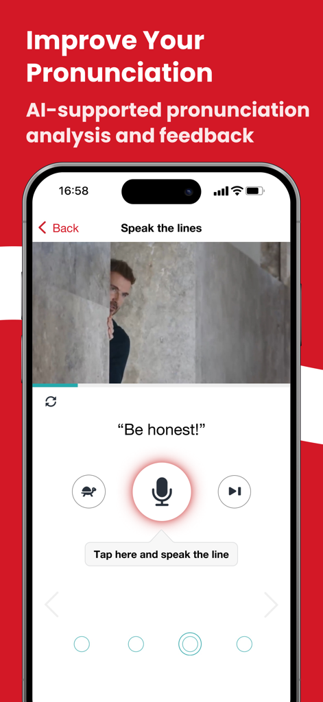 EnglishCentral - Learn English - EnglishCentralモバイルアプリの画面、AIサポートによる発音フィードバックとビデオレッスン練習を表示