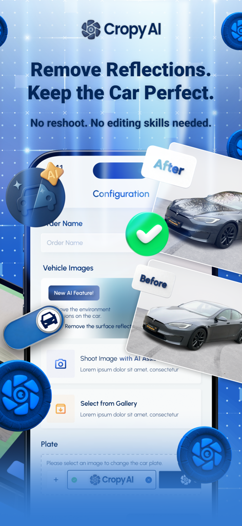 Cropy AI: Car Studio - Cropy AI mobile app interface showing car reflection removal feature with before and after comparison