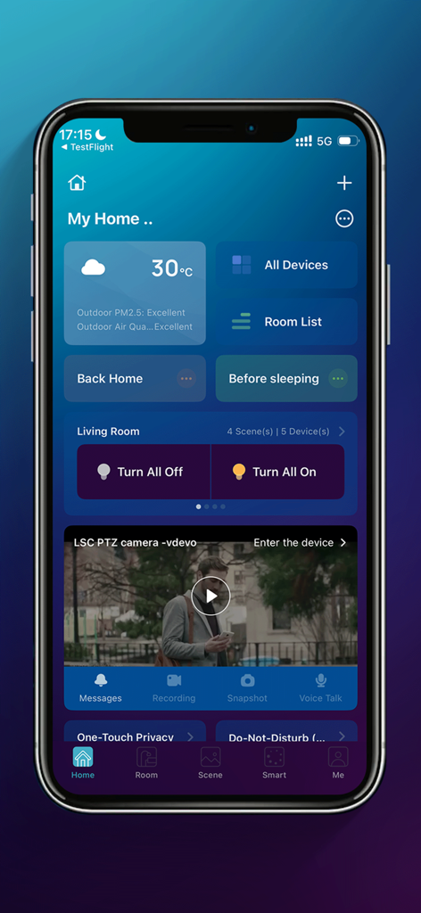 LSC Smart Connect - LSC Smart Connect app home dashboard with lighting controls and live camera monitoring