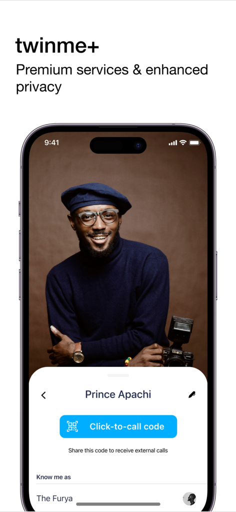 twinme private messenger - Twinme plus app interface featuring a user profile and a click to call code button