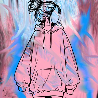 realistic girl with a oversized sweatshirt on and a bun