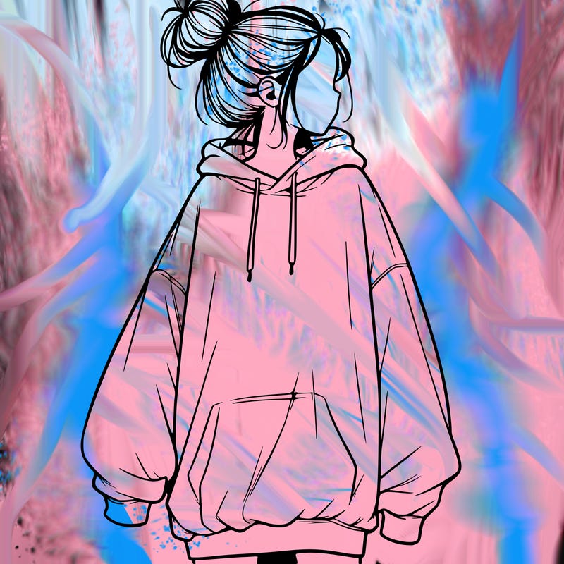 realistic girl with a oversized sweatshirt on and a bun