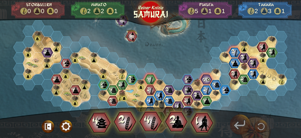 Samurai by Reiner Knizia - Carte numérique du jeu de plateau Samurai par Reiner Knizia avec des tuiles hexagonales et des jetons de stratégie