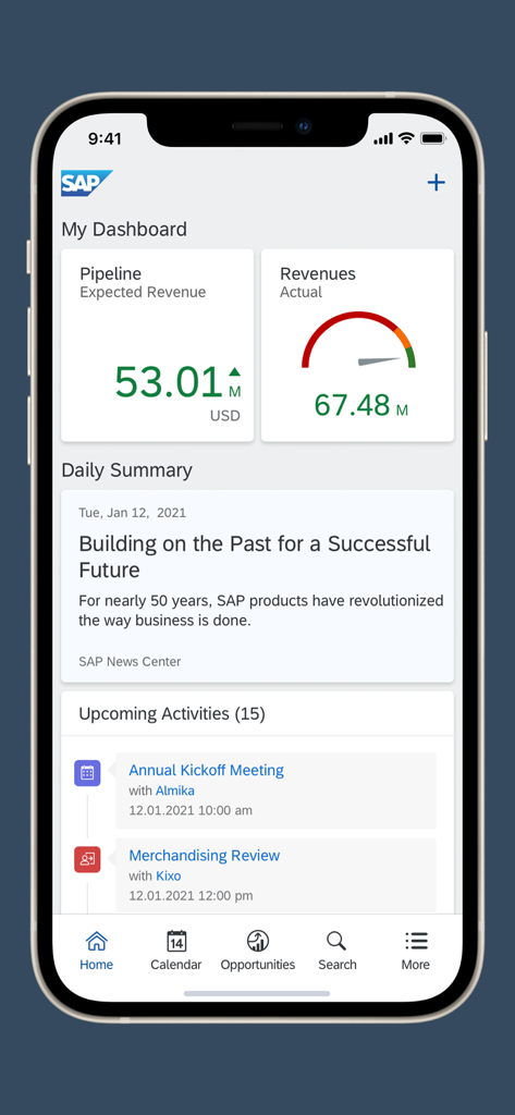 SAP Cloud for Customer - Dashboard di SAP Cloud for Customer su iPhone che mostra la pipeline di vendita e le analisi dei ricavi