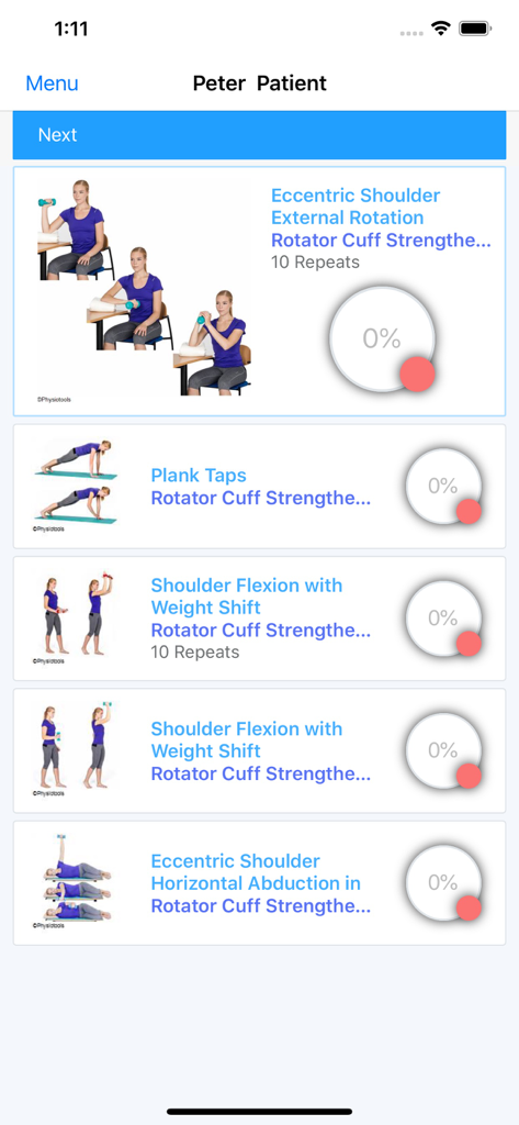 Physiotools Trainer - Interfaz de la aplicación Physiotools Trainer que muestra una lista de ejercicios de rehabilitación de hombro prescritos con seguimiento del progreso.